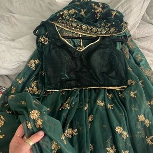 Lehenga - Three Piece - Rich Forrest Green & Gold